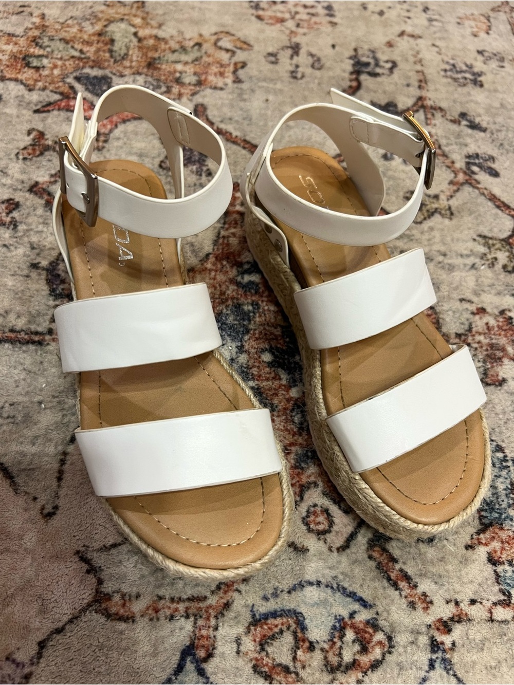 Soda White Triple-Strap Espadrille Sandals with Ankle Buckle